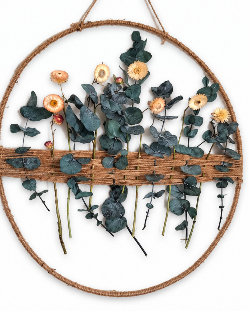 Handmade Dried Flower Hoop Wall Hanging - Botanical Eucalyptus Woven Frame Decor