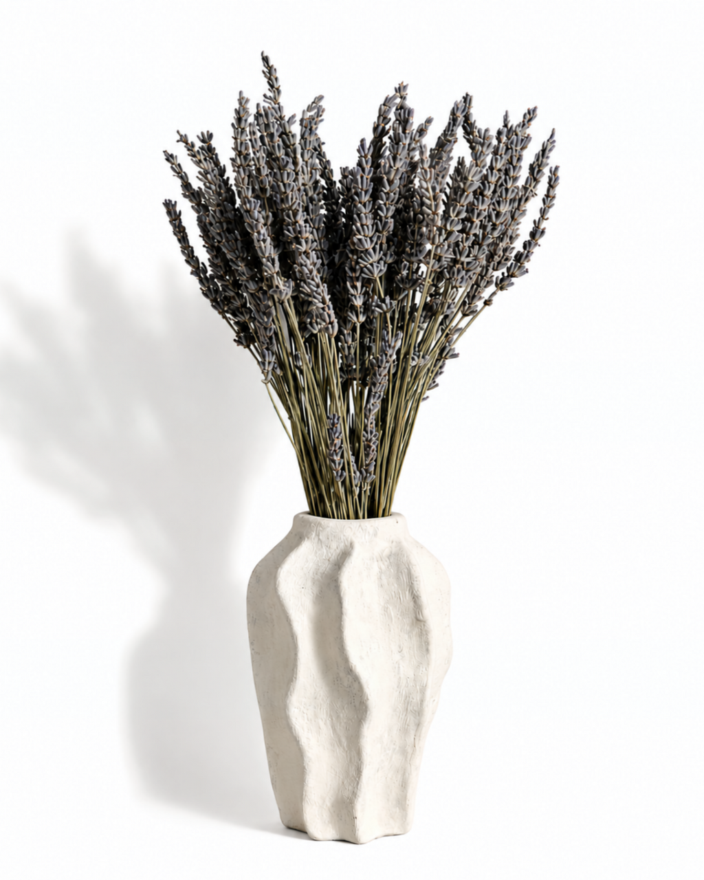 Full view of a 40cm natural dried lavender bouquet displayed in a wavy white ceramic vase.
