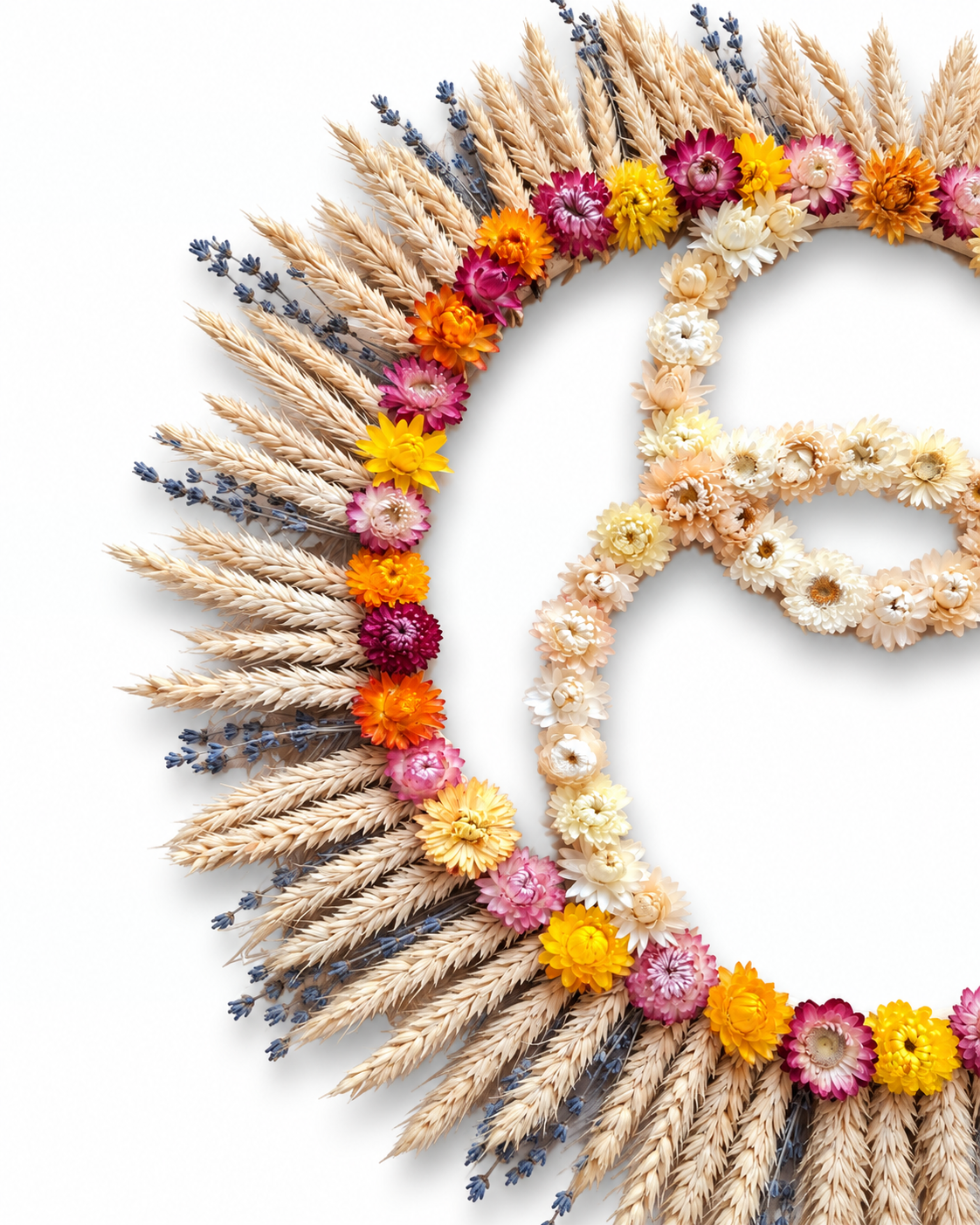 Detailed view of the radial wheat arrangement alongside the internal cream strawflower figure 8 border.
