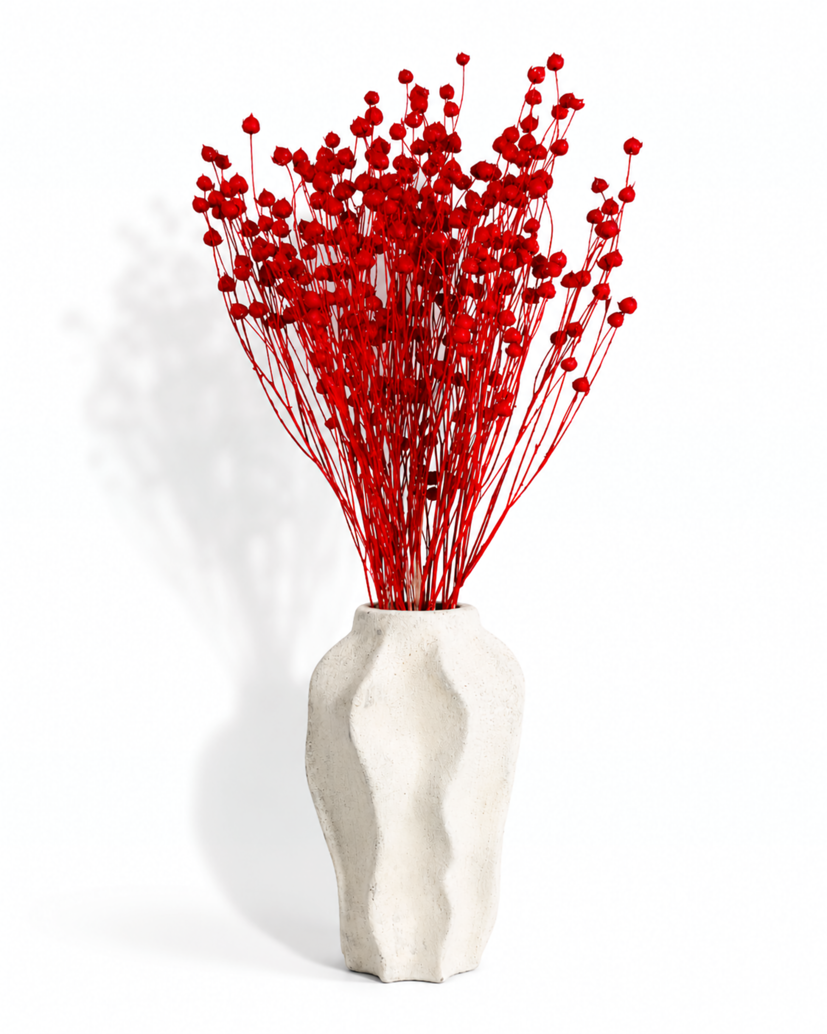 A beautiful aesthetic arrangement of vibrant red preserved flax stems in a modern textured white vase
