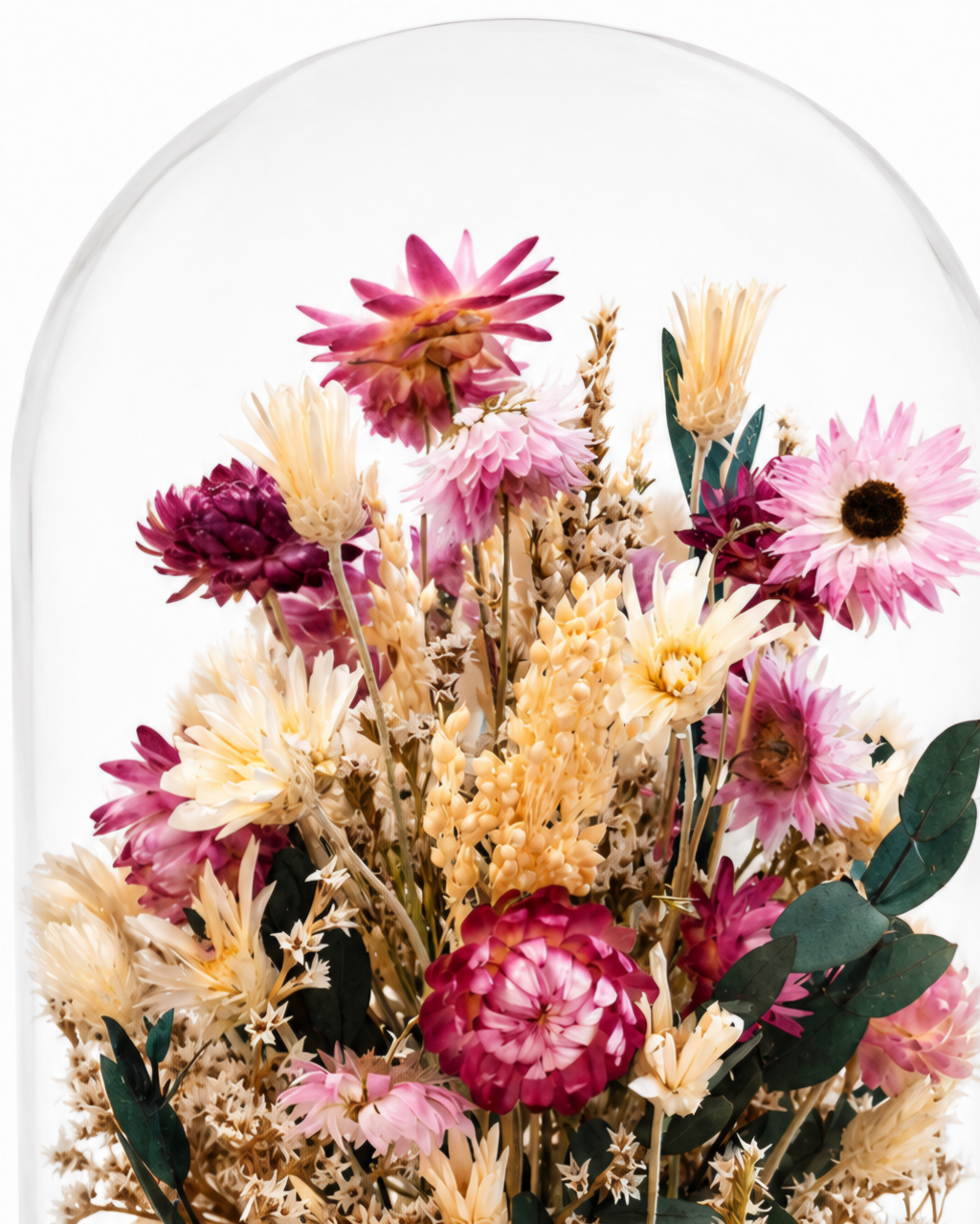 Dried Flower Glass Dome Arrangement - Pink Cloche Centerpiece