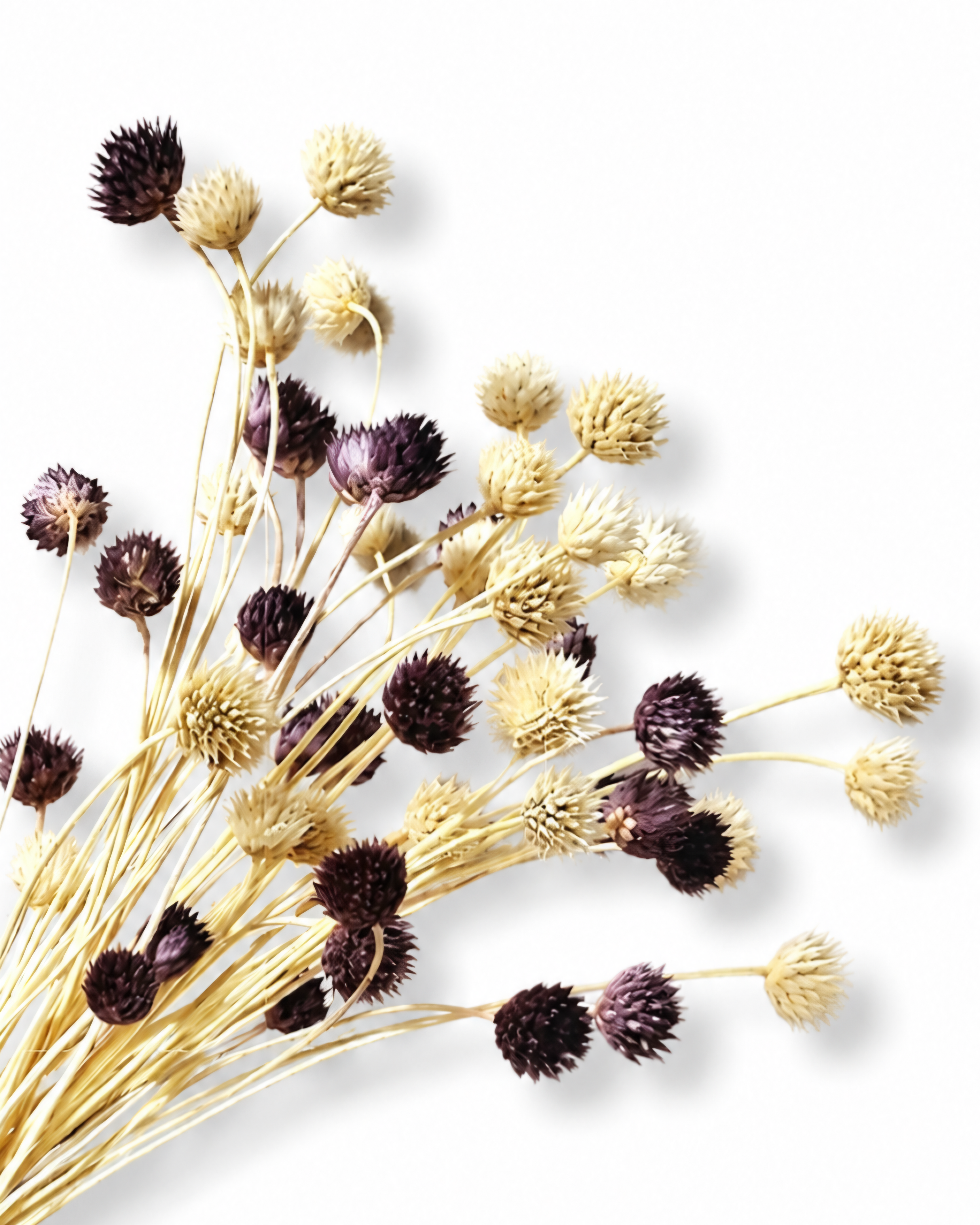 Flat lay of lightweight dried Cephalaria stems in deep purple and natural cream tones on a white surface.
