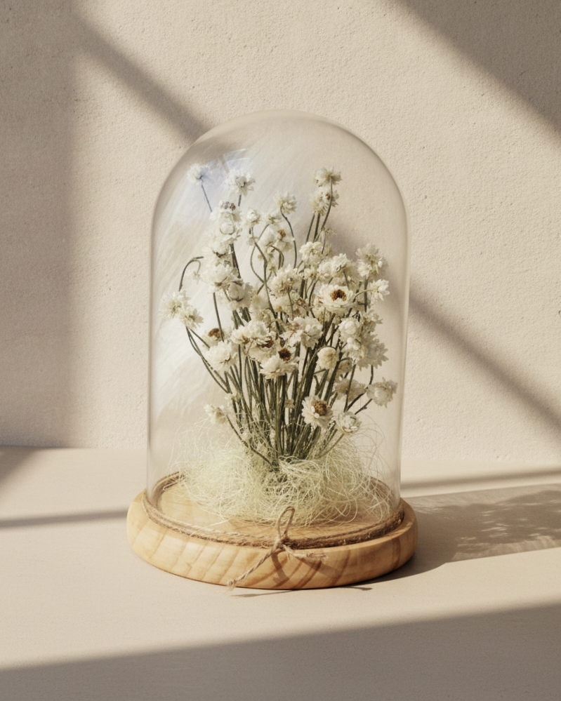 White Preserved Ammobium Under Glass Dome