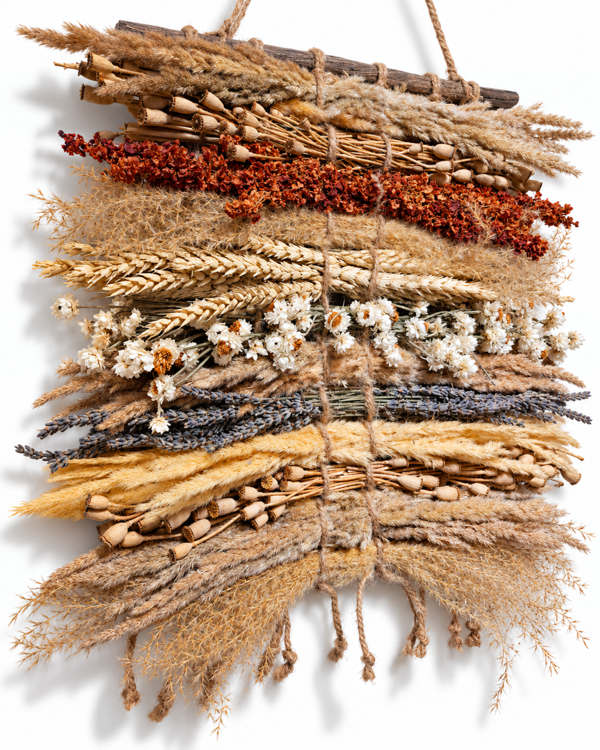 Angled perspective showing rich horizontal layers of wheat, lavender, and poppy pods.
