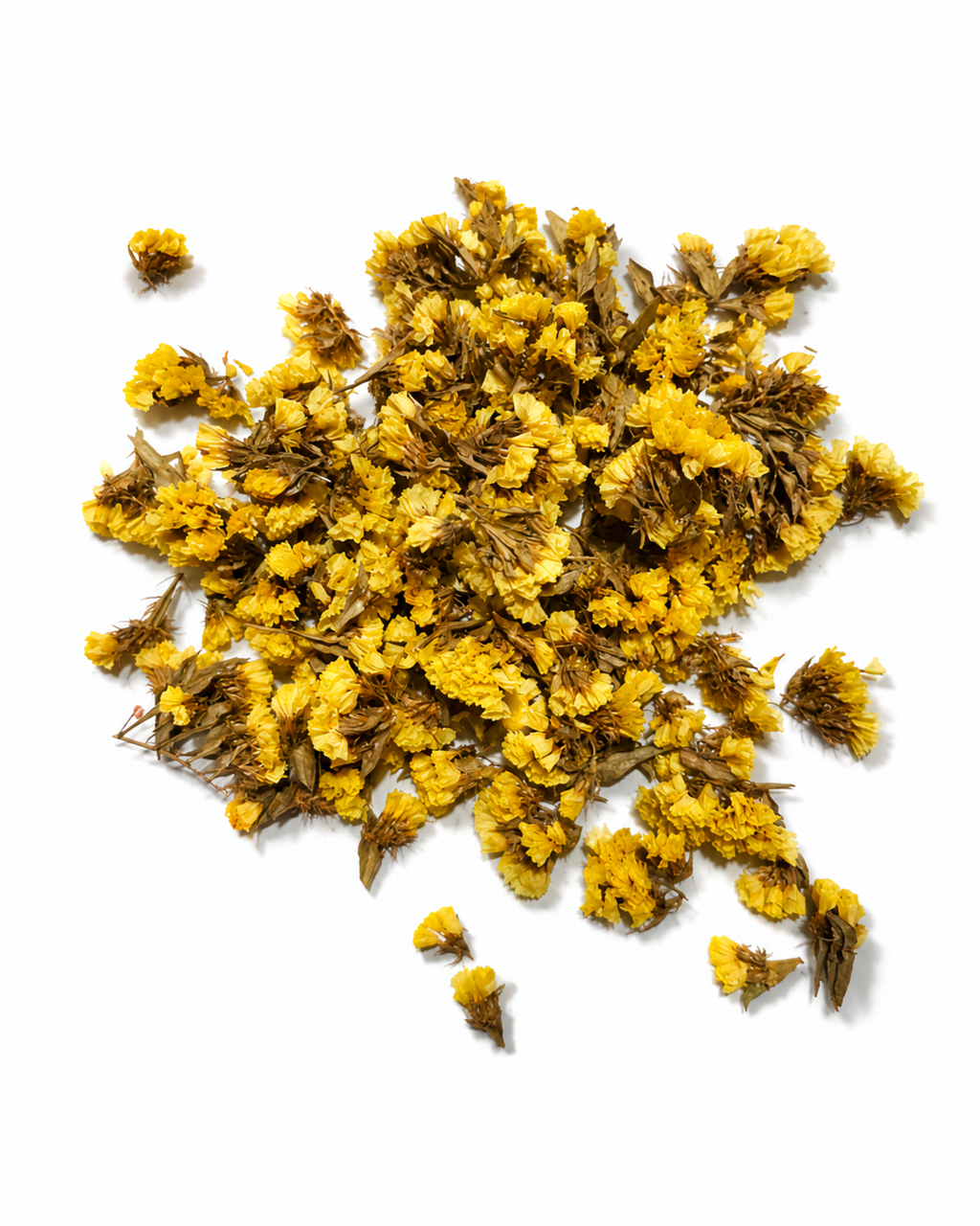 A neat mound of stemless bright yellow dried statice flowers isolated on a white surface.
