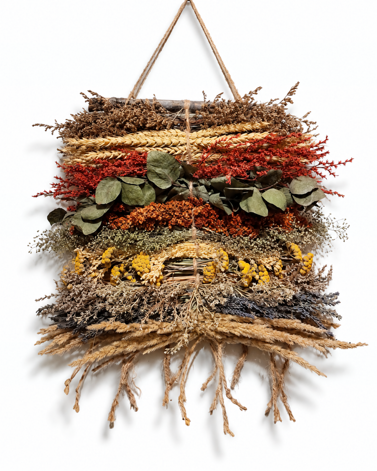 Full view of a 30x40cm handcrafted dried flower wall hanging panel with eucalyptus on a white wall.
