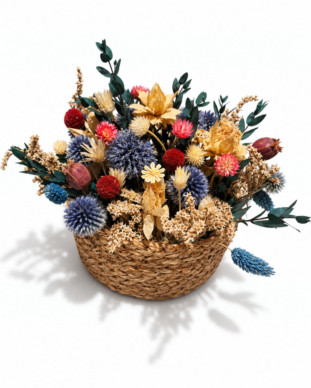 Dried Flower Basket Arrangement - Wild Cephalaria & Echinops Decor
