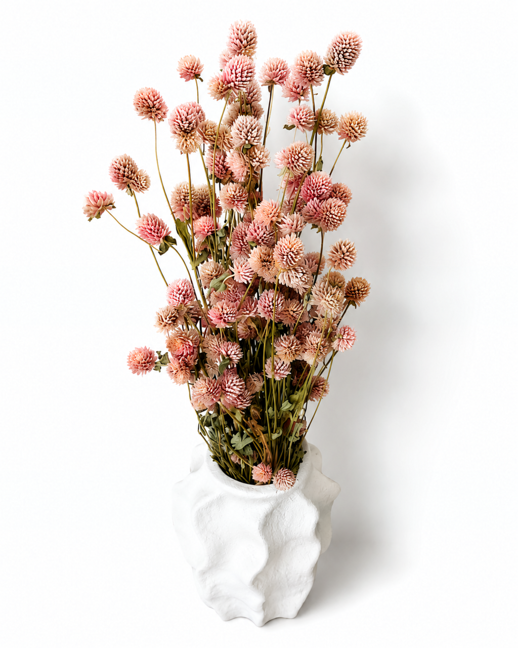 Close-up view of dusty rose Globe Amaranth flower heads in a modern ceramic vase.
