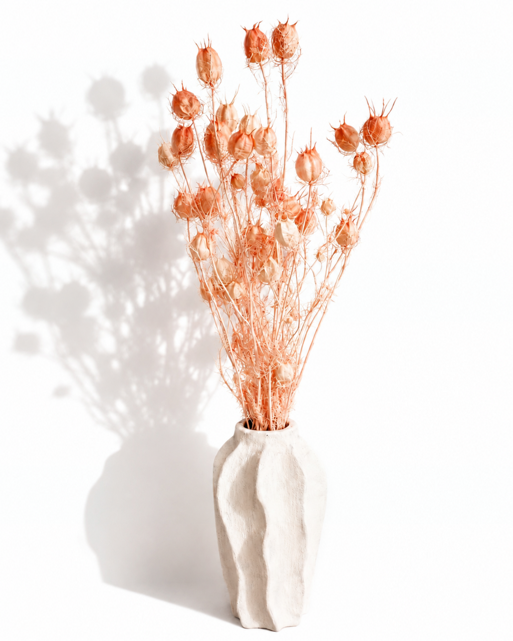 Bundle of dried blush pink Nigella stems styled in a textured white ceramic vase with soft wall shadows.
