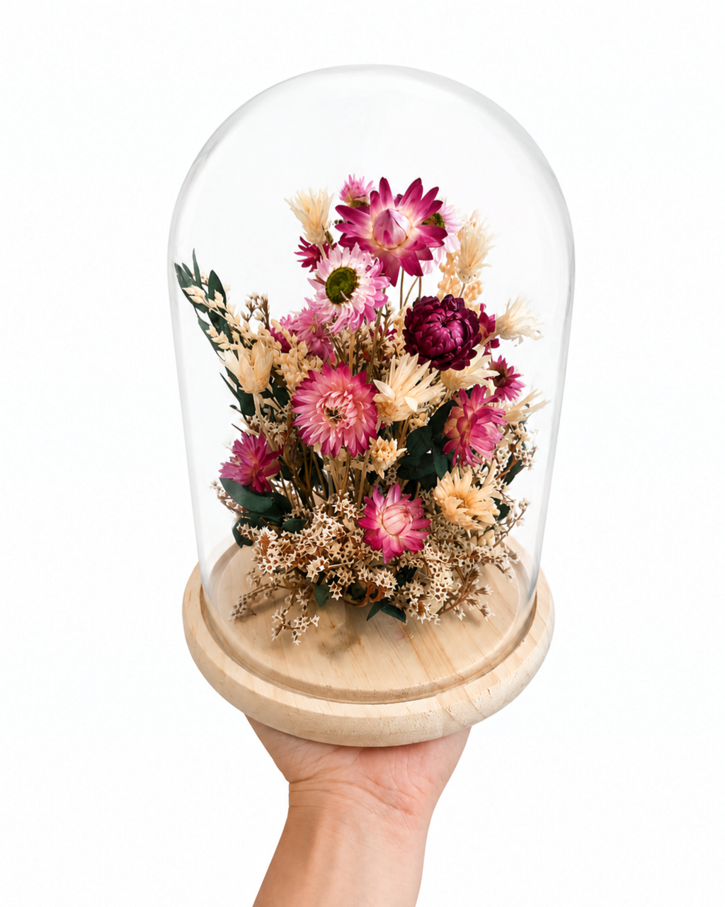 Dried Flower Glass Dome Arrangement - Pink Cloche Centerpiece