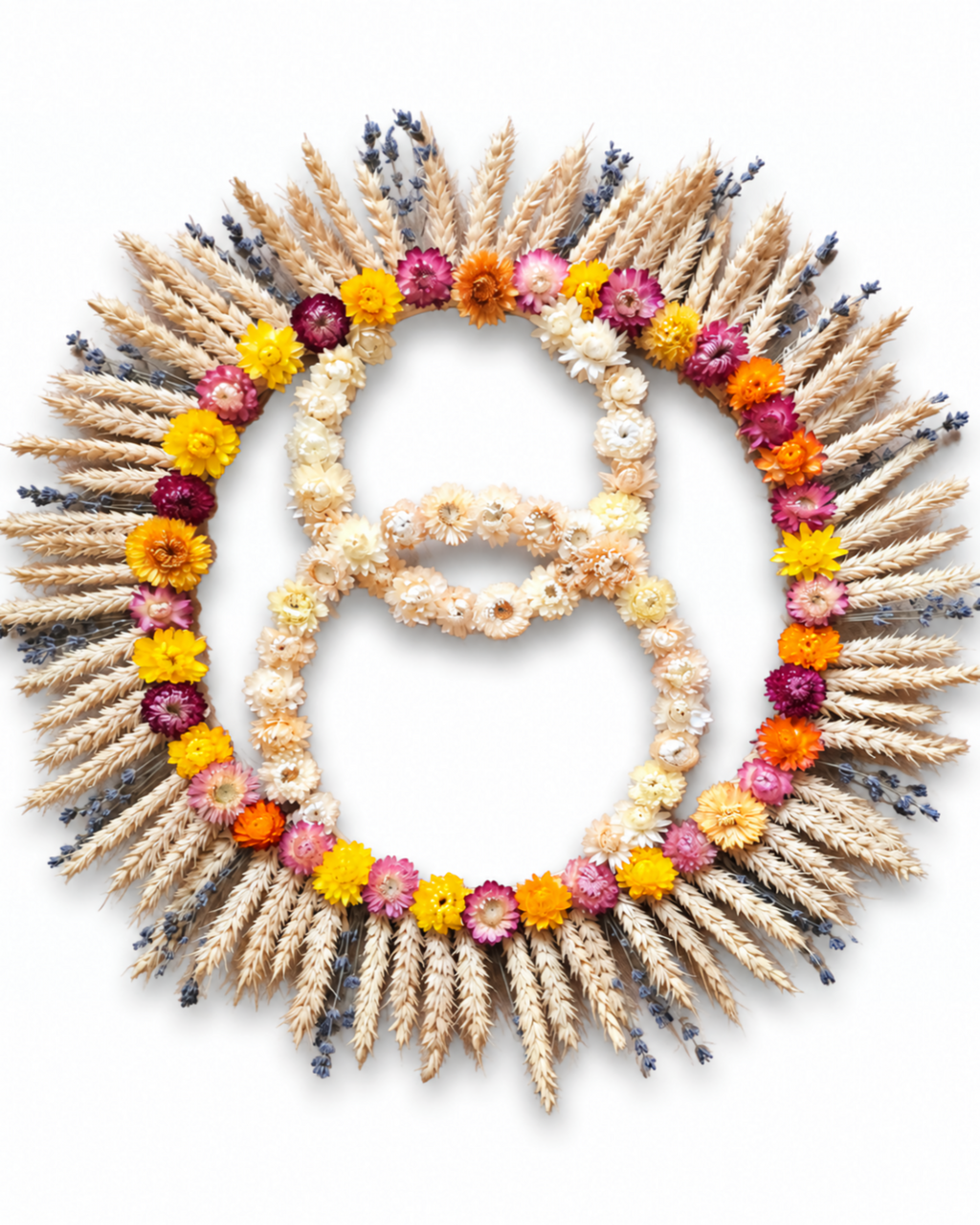 Handcrafted circular dried botanical wall hanging with a prominent number 8 shape made of cream Helichrysum flowers.
