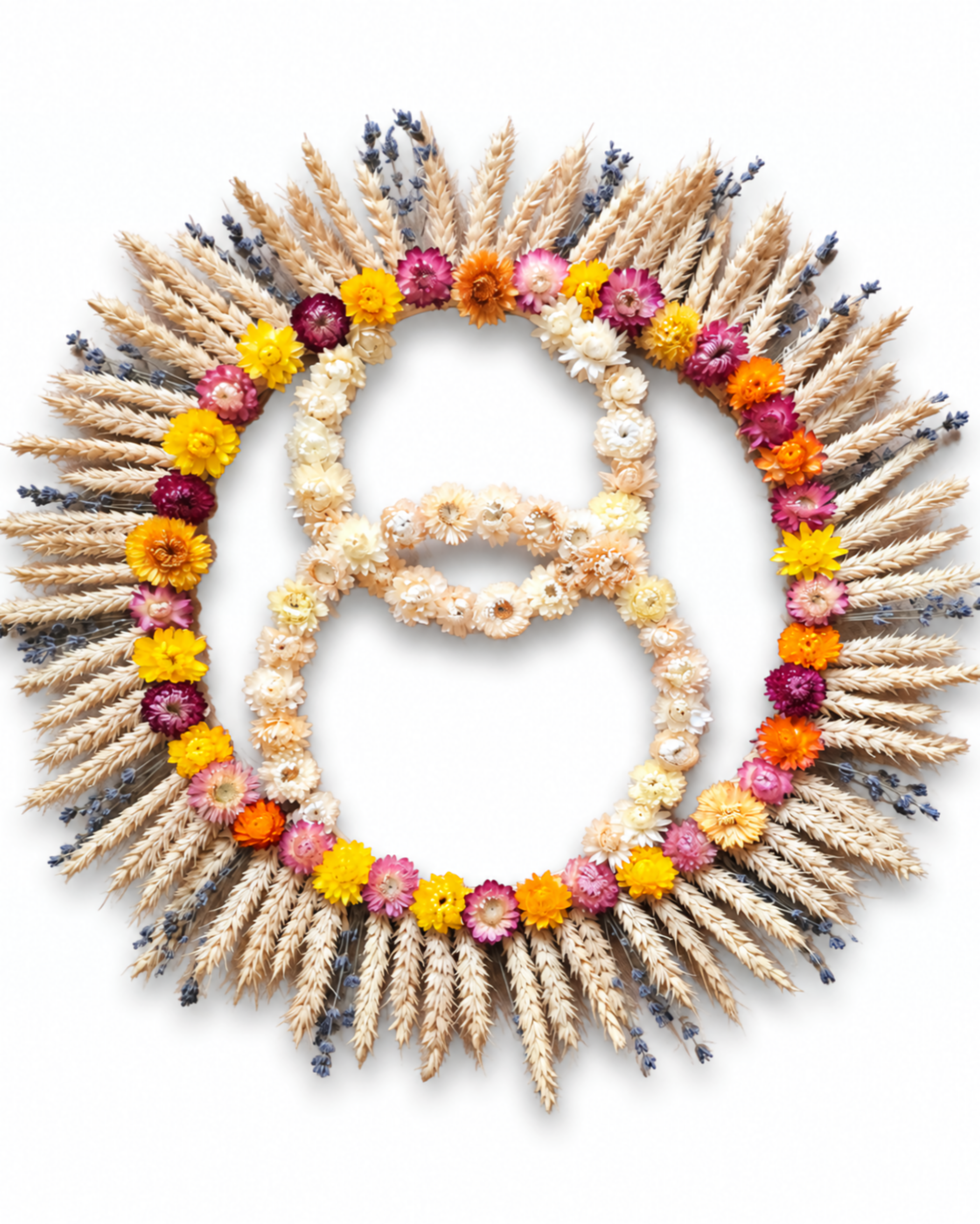 Handcrafted circular dried botanical wall hanging with a prominent number 8 shape made of cream Helichrysum flowers.
