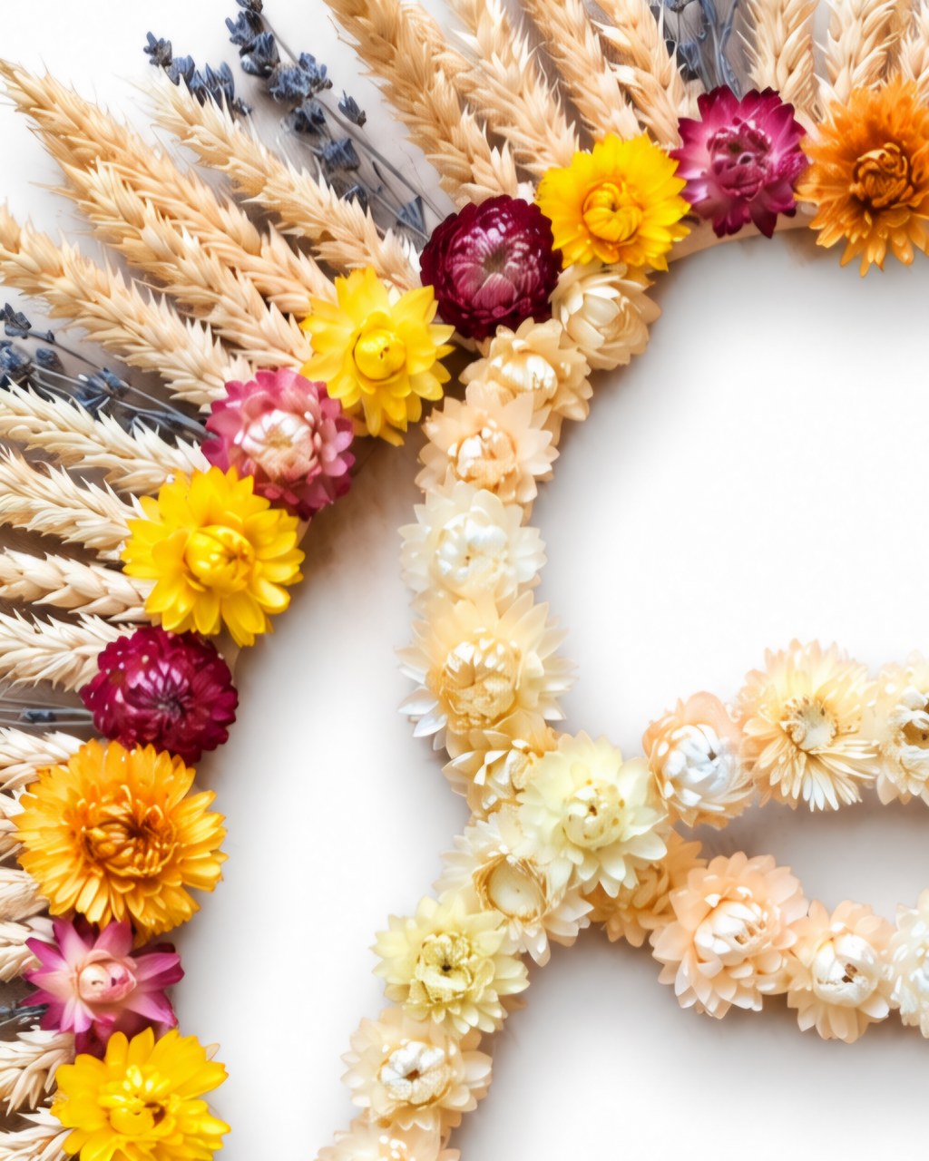 Macro shot of the natural cream strawflowers forming the inner figure 8 motif framed by colorful Helichrysum blooms.
