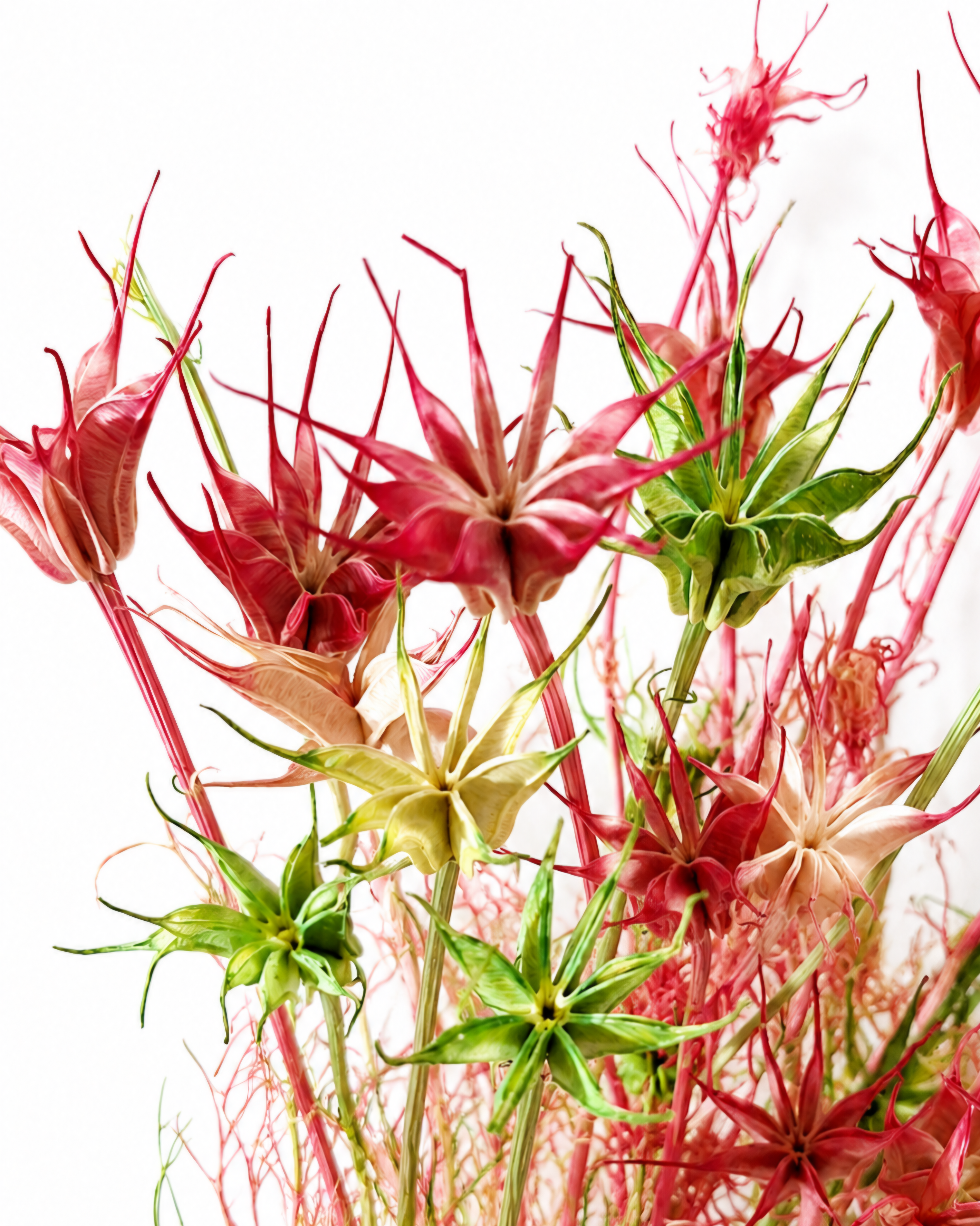 Close-up of star-shaped dried pink and green Nigella orientalis seed heads showing crown structure.

