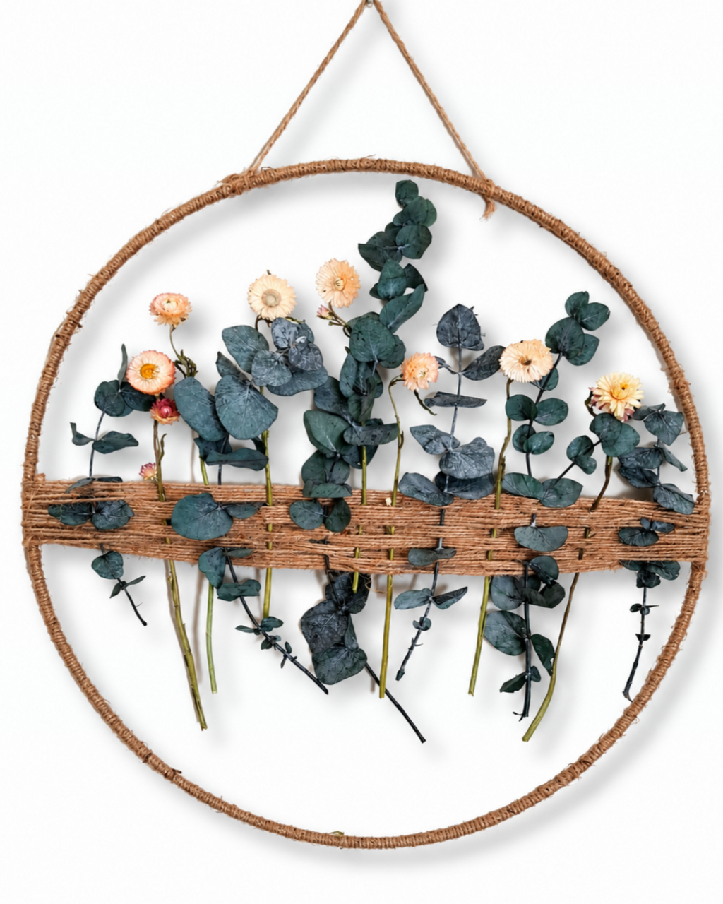Handmade Dried Flower Hoop Wall Hanging - Botanical Eucalyptus Woven Frame Decor