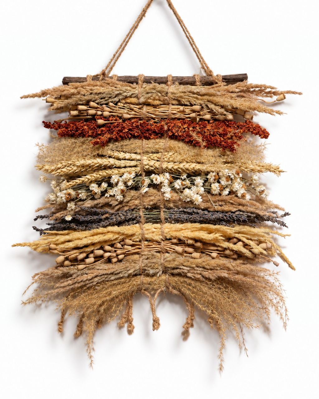 Full view of 30x40 cm handmade dried flower wall hanging tapestry on wooden bar with jute cord.

