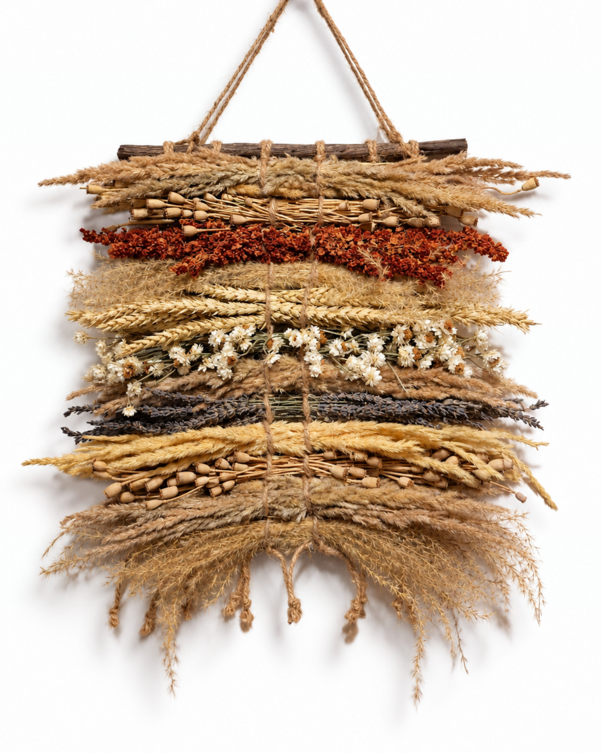 Full view of 30x40 cm handmade dried flower wall hanging tapestry on wooden bar with jute cord.
