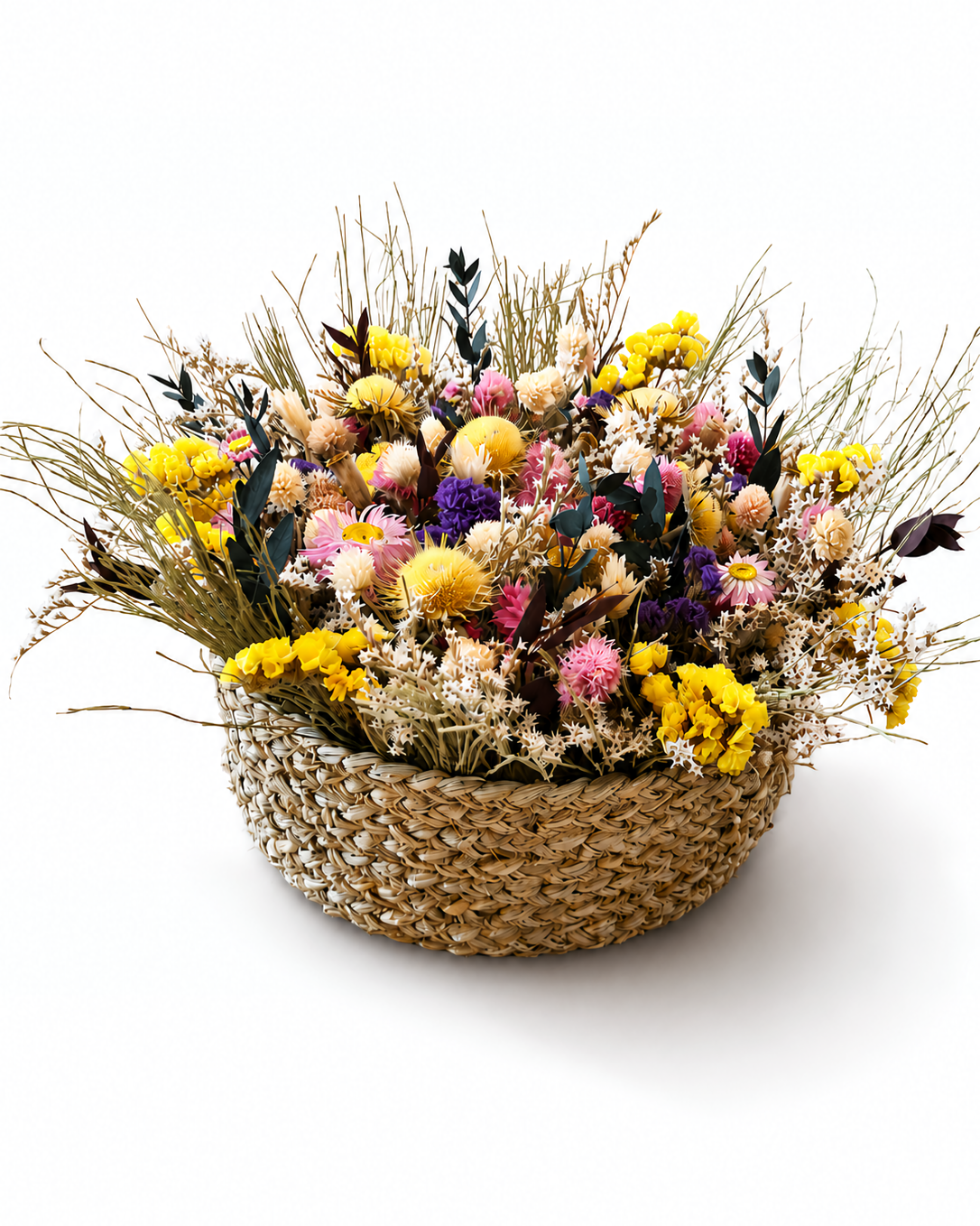 Dried Wildflower Basket Arrangement - Colorful Boho Table Decor