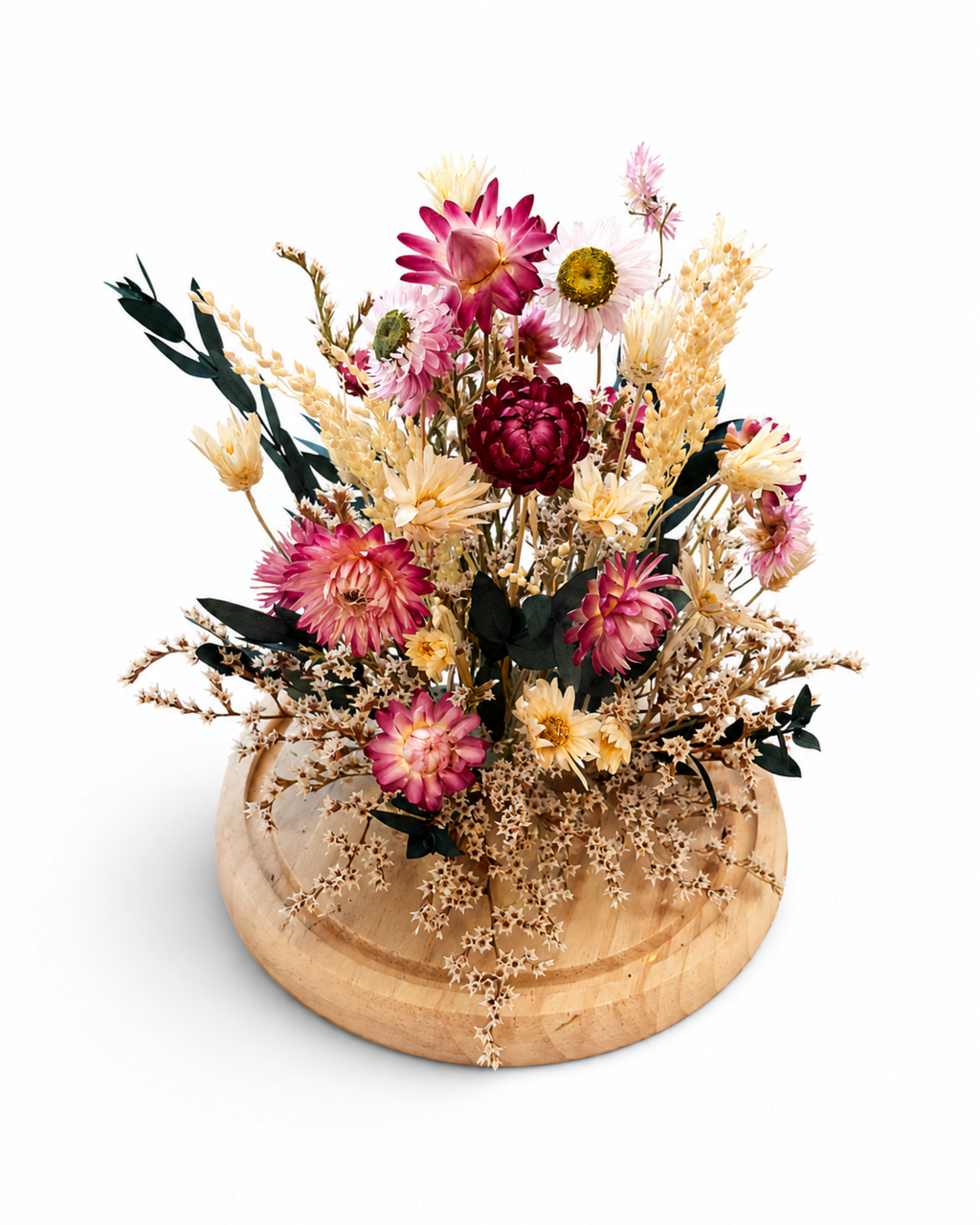 Detailed view of the dried flower arrangement on a wooden base without the glass cover.
