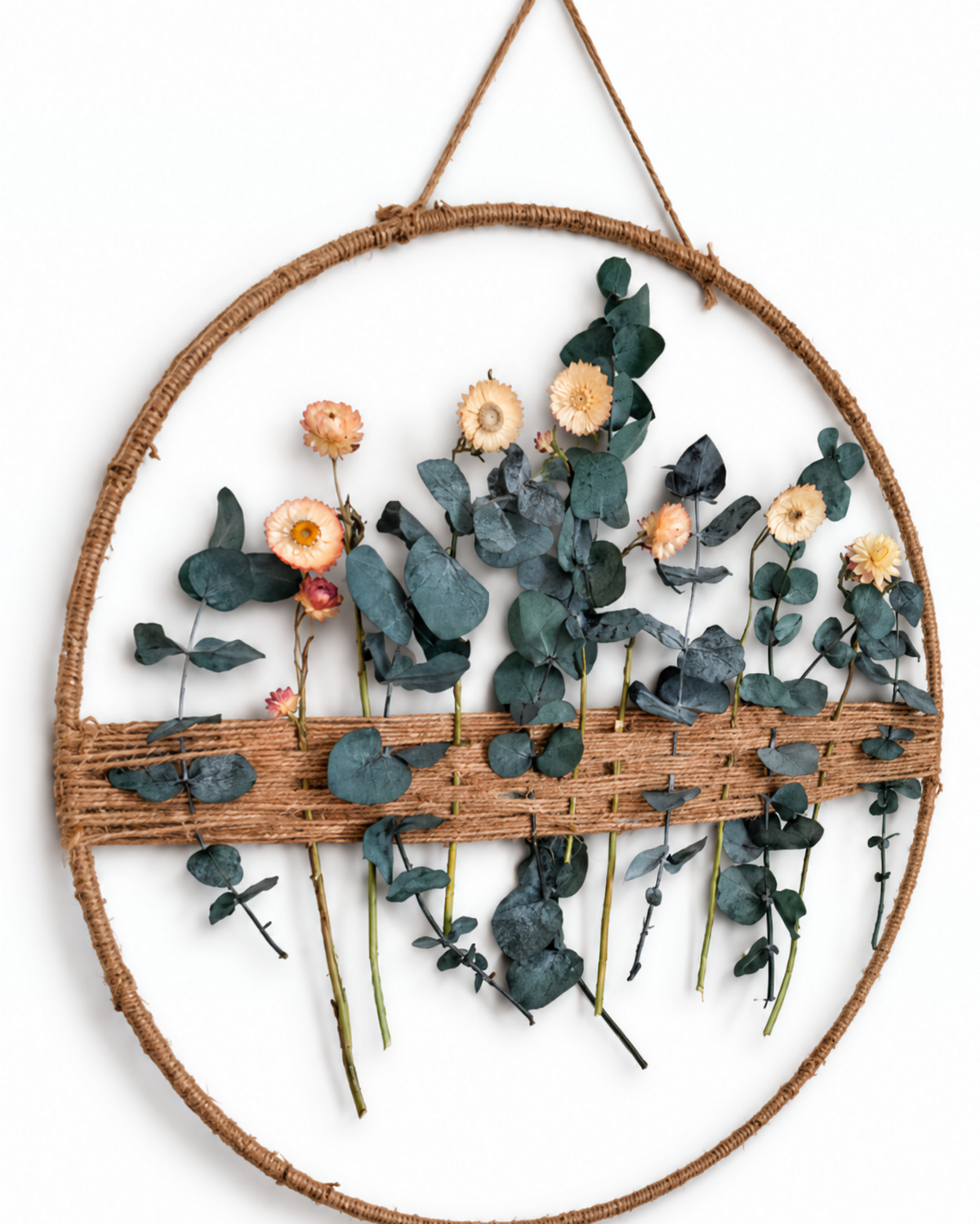 Handmade Dried Flower Hoop Wall Hanging - Botanical Eucalyptus Woven Frame Decor