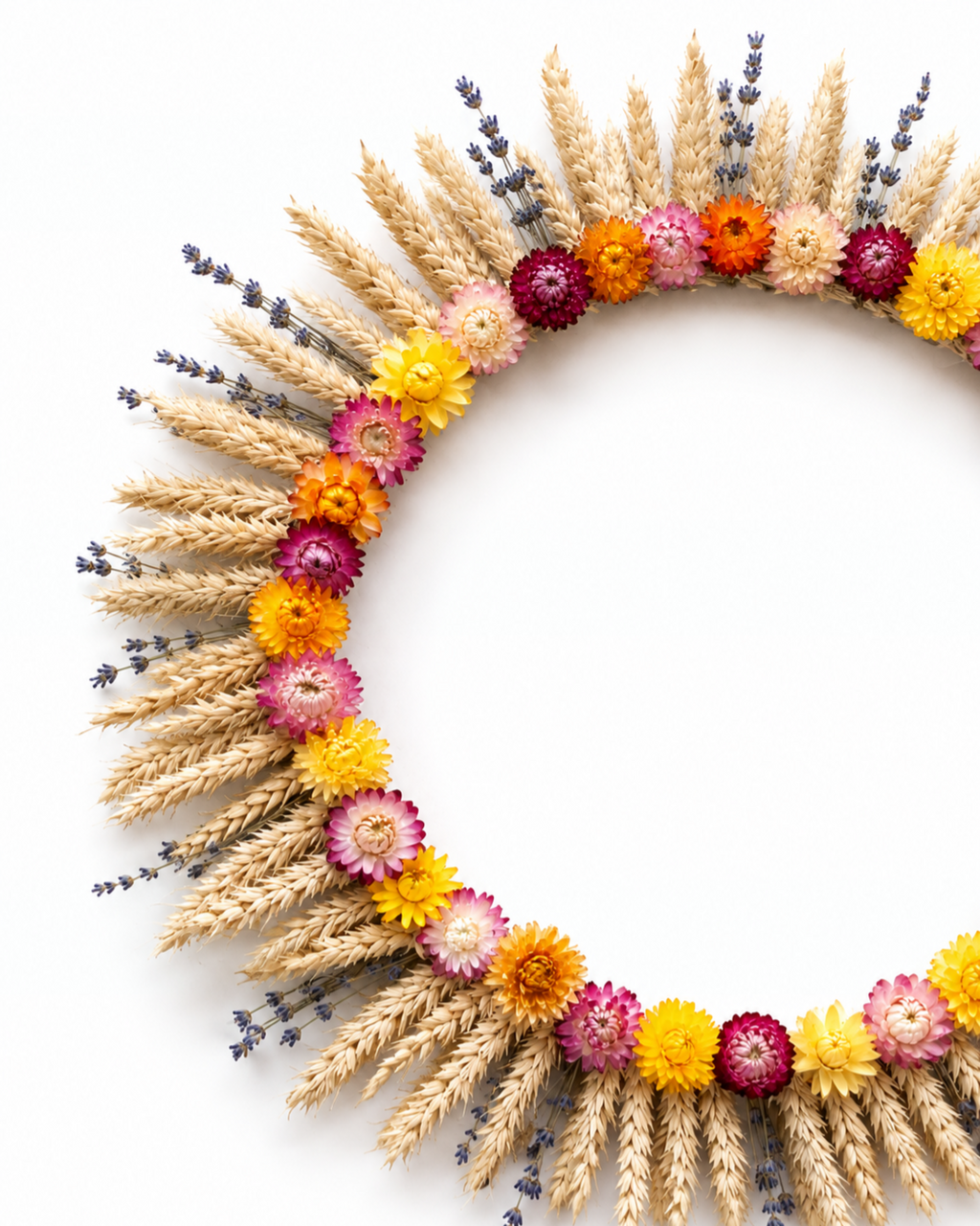 Dried Flower Wall Wreath - Wheat Lavender Strawflower Plaque