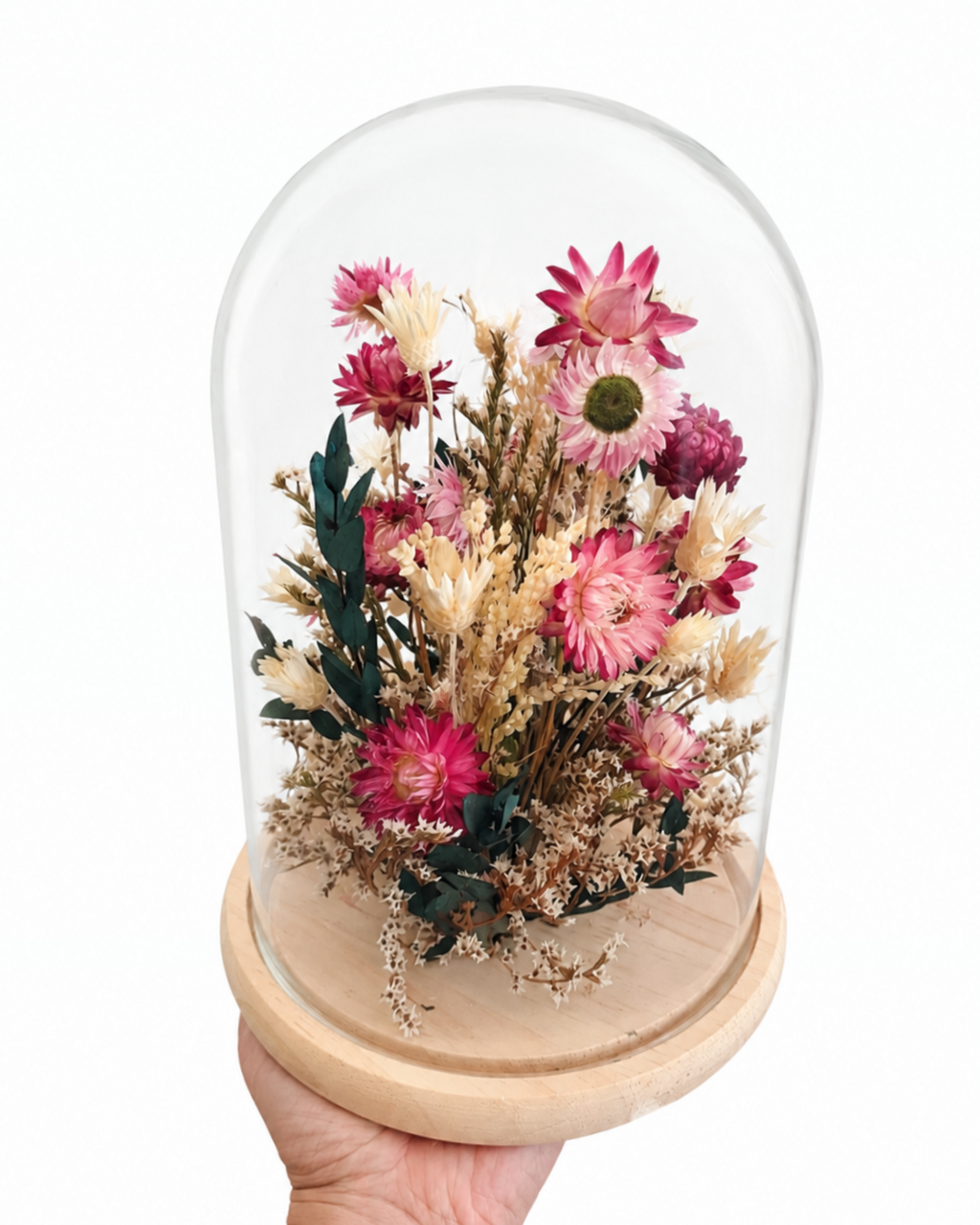 Dried Flower Glass Dome Arrangement - Pink Cloche Centerpiece