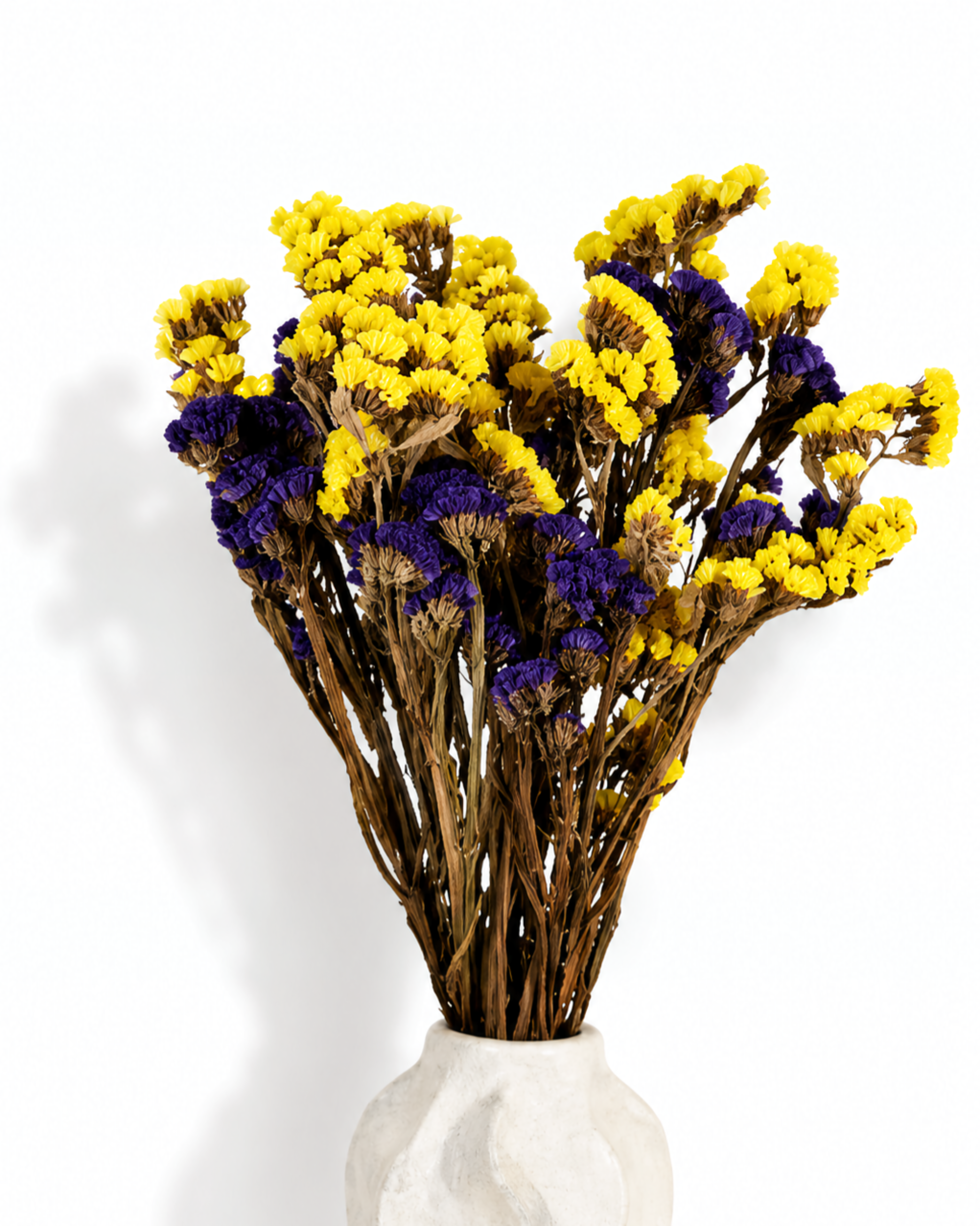 Full view of a mixed yellow and purple Statice bunch arranged in a minimalist white vase.
