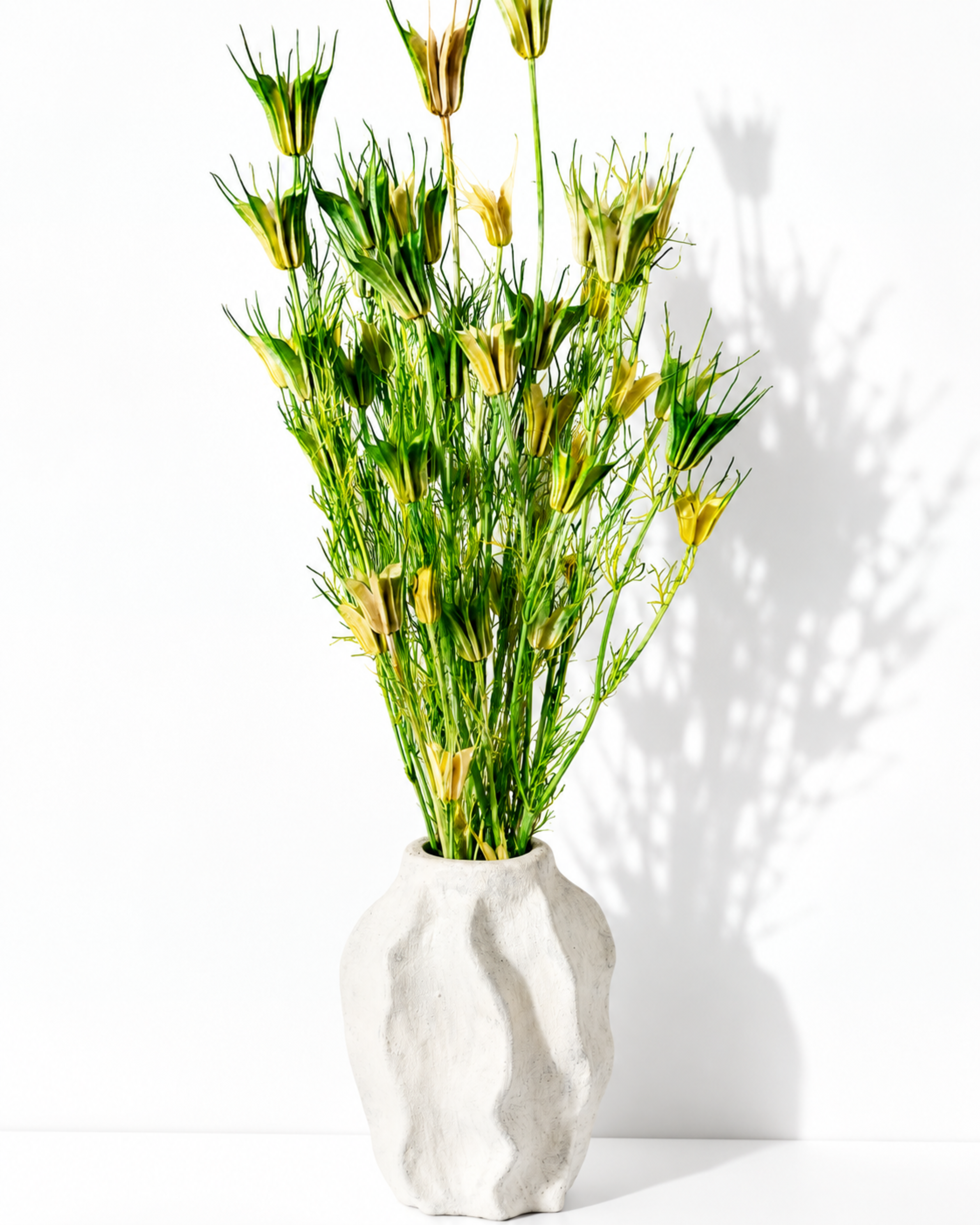 Tall bundle of green and beige dried Nigella stems styled in a textured white ceramic vase.
