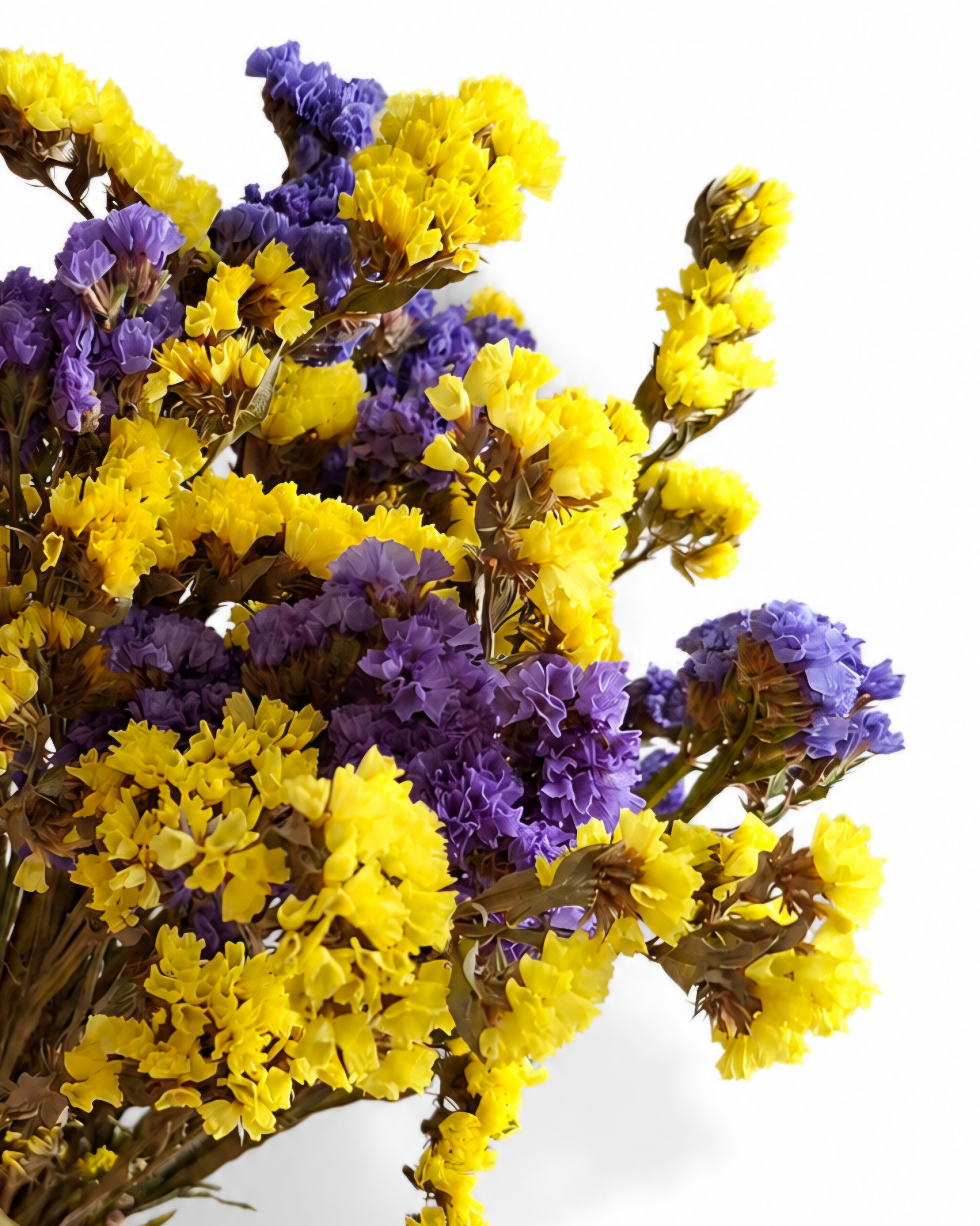 Close up of dense yellow and blue statice heads for boho wedding floral arrangements