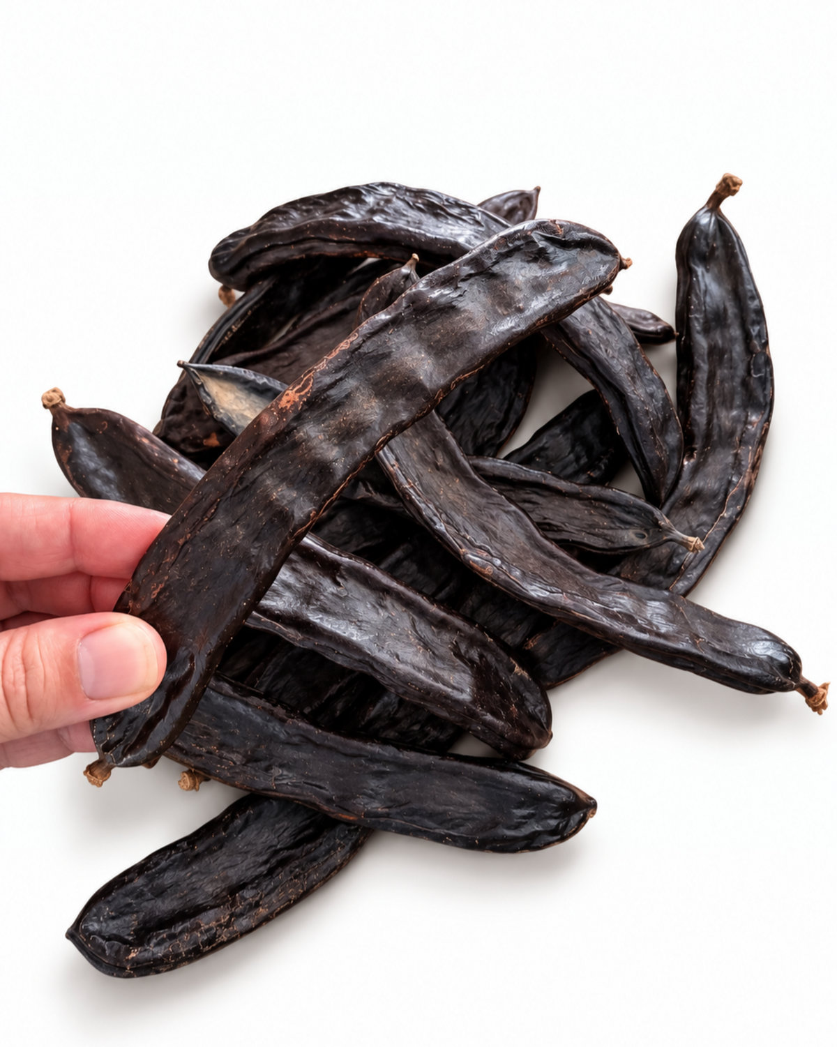 Hand holding a 15cm natural dried carob pod over a pile of dark brown pods.
